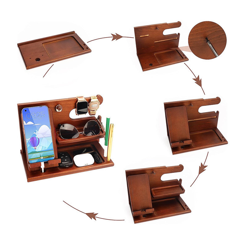 Bedside mobile phone charging bracket solid wood mobile phone storage rack creative decoration multifunctional wooden lazy bracket