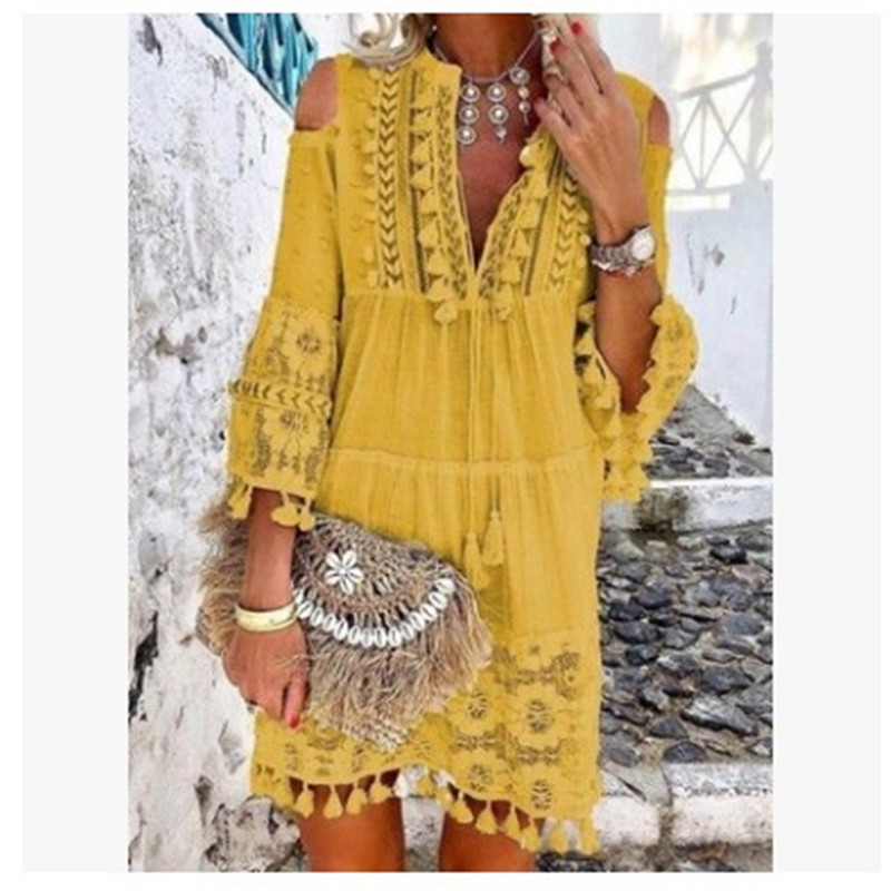2021 Amazon beach dress popular new European and American high-end beach lace tassel long women's clothing