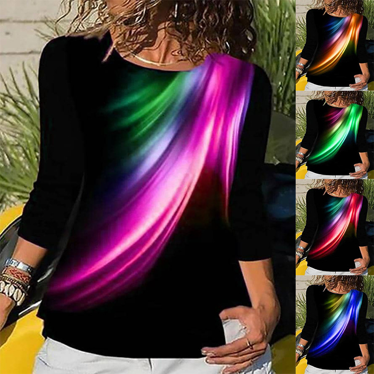 2022 cross-border independent station Amazon AliExpress European and American fashion popular round neck printed long sleeve Street T-shirt for women