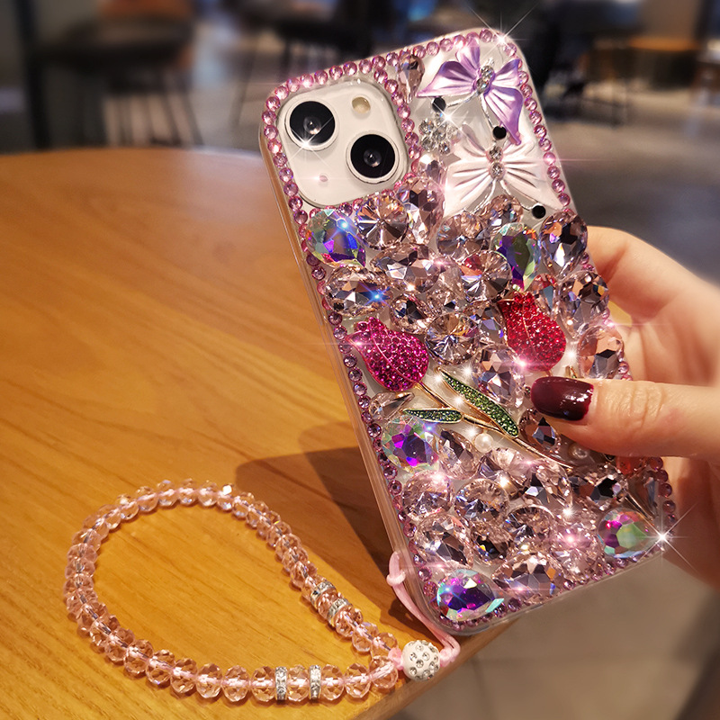 適用蘋果15pro手機殼玫瑰花滿鑽iPhone14奢華蝴蝶13全包12保護套