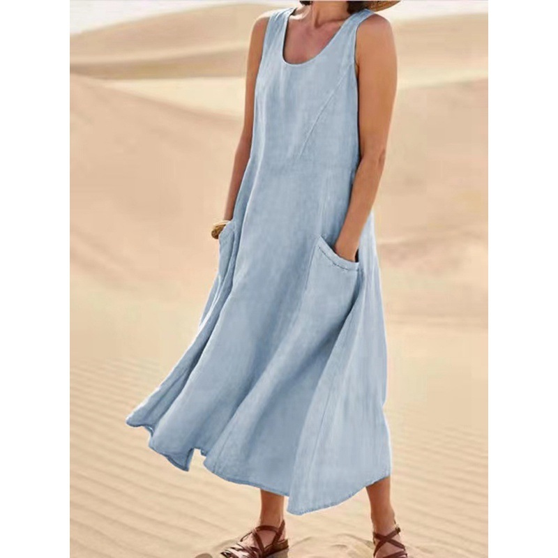 2024 summer pocket sleeveless round neck Women's cotton linen dress