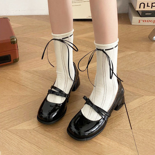 Mary Jane Ribbon Bow Calf Socks Women's Japanese jk Thin Creamy White Vertical Striped Hollow Stacks for Summer