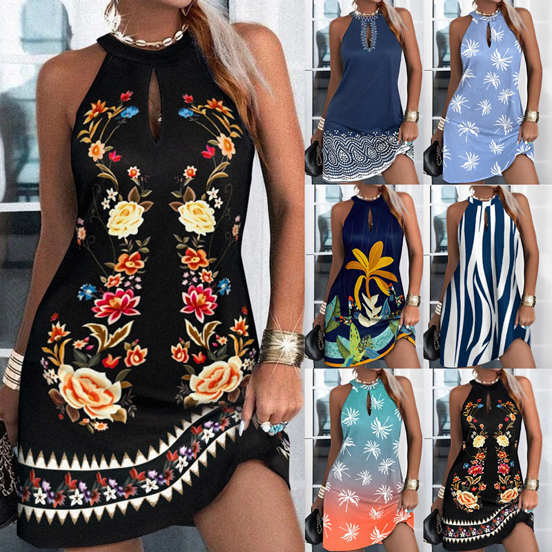 2023 Independent station wish Amazon explosion summer sleeveless neck printed dress women's clothing