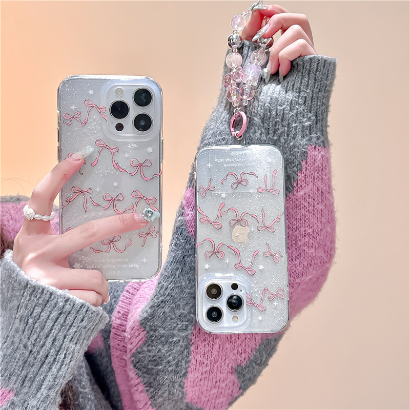 閃粉滿屏蝴蝶結適用iPhone15小眾14promax12手機殼蘋果13珠鏈11女