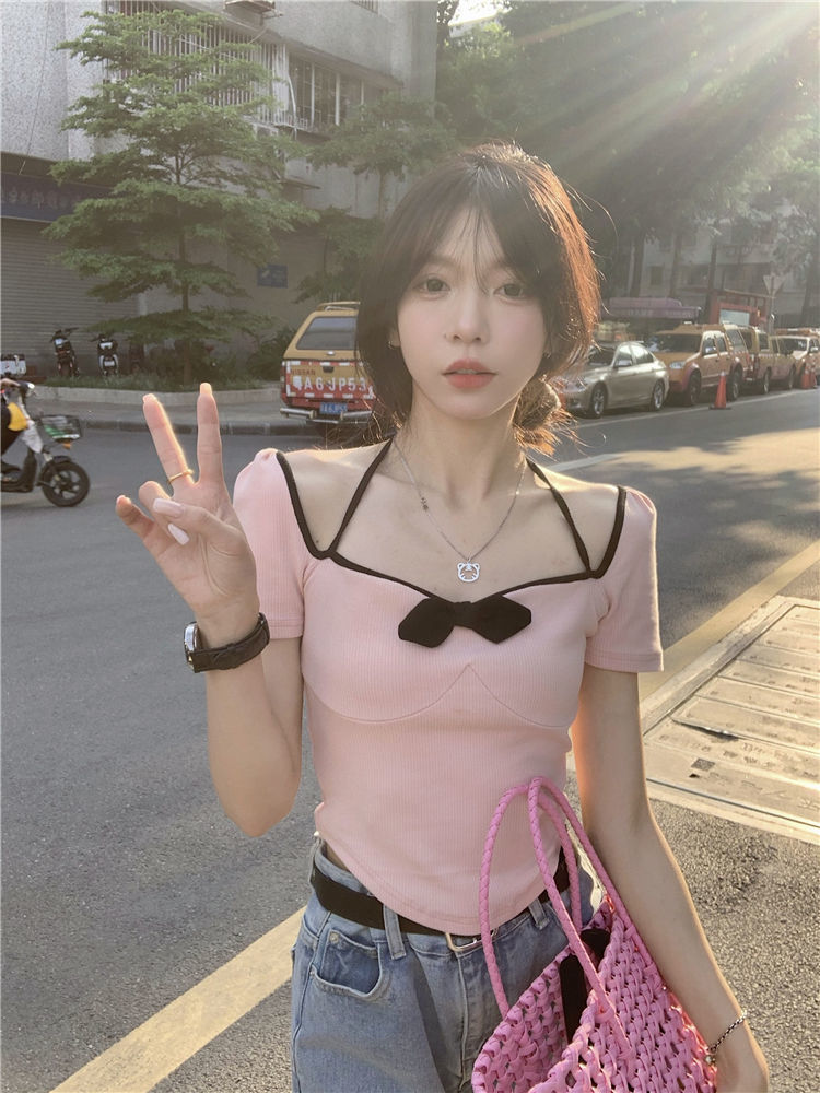  Girl's Heart Pure Desire Hot Girl Bow Design Summer Short Top Women's Sweet Short Sleeve Halter T-Shirt