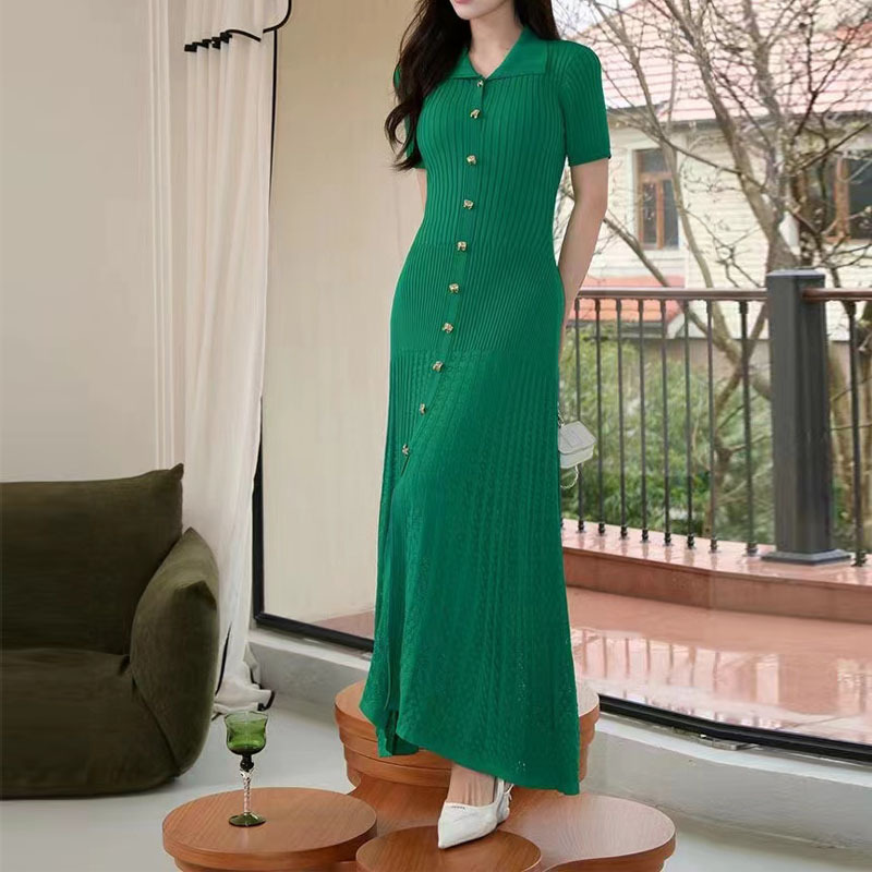 Foreign trade new dopamine 130 long skirt polo collar pullover long temperament dress hollow knit dress