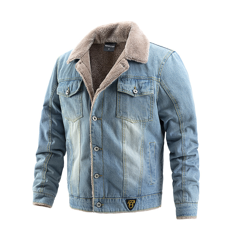 Cross-border Amazon Men's Denim Jacket Autumn and Winter Jacket Men's Velvet Warm Casual Workwear European and American Fashion Tide