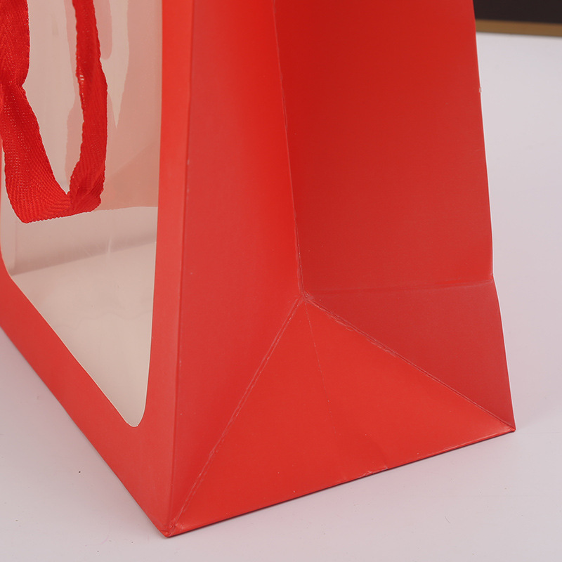 ins Style Flower Gift Packaging Bag Transparent Window Handbag Valentine's Day Window Paper Bag Hand Gift Bag