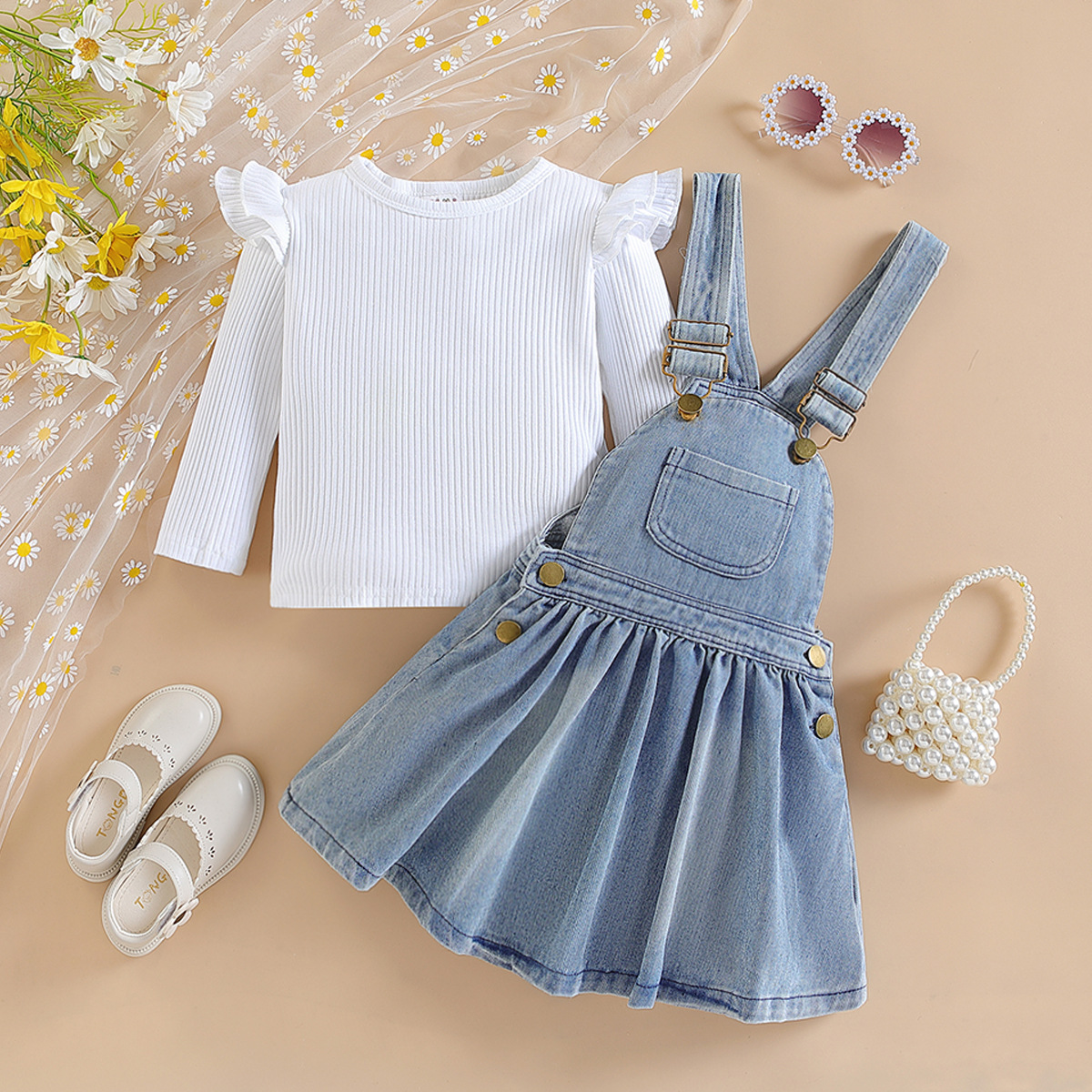 Cross-border Children's Wear Spring and Autumn Girls' New Stylish Suit Girl's Ruffled Lace Long Sleeve Top Denim Strap Dress