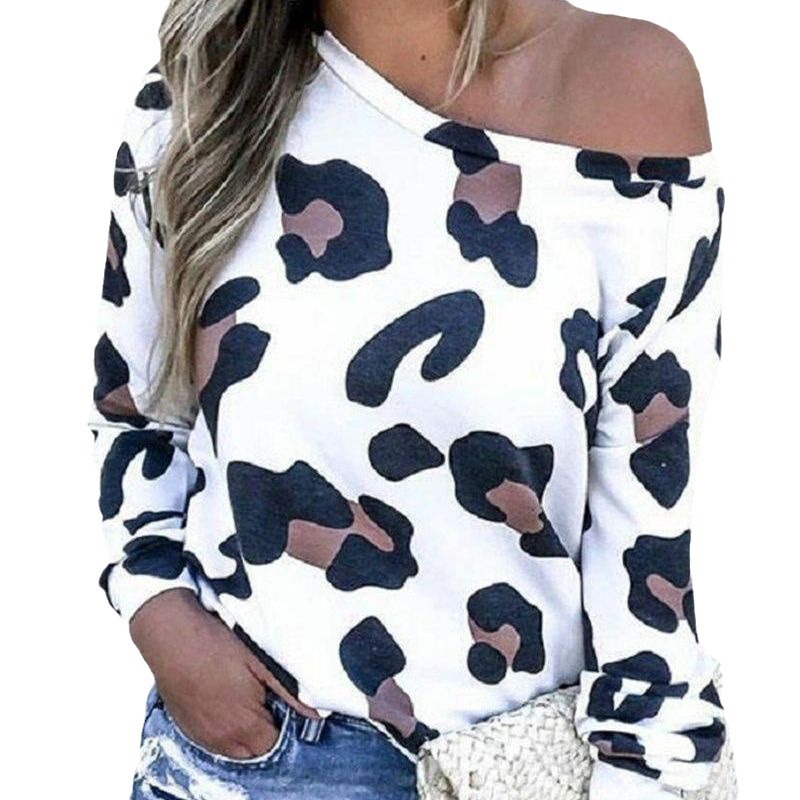 Europe and the United States cross-border new women's clothing Amazon hot explosion leopard print round neck diagonal shoulder raglan sleeve women's top