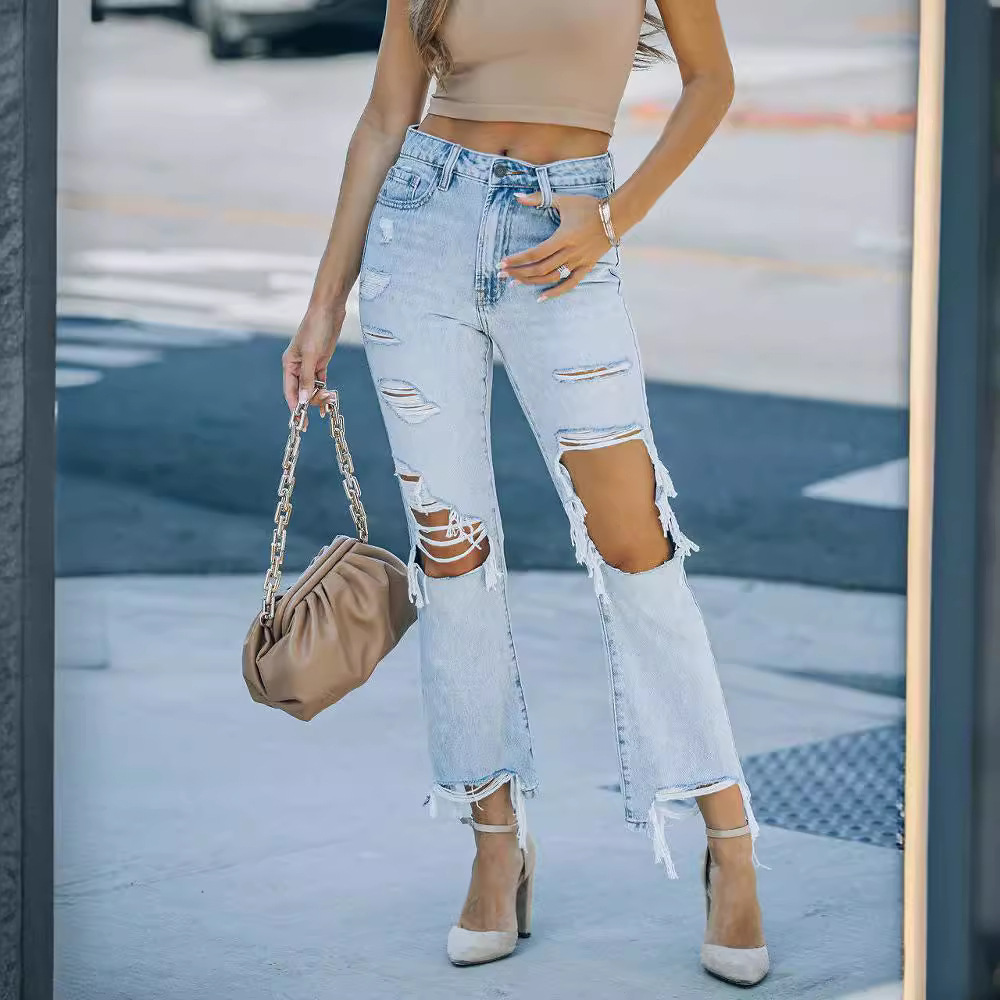 Amazon jeans for women 2023 new cross-border European and American casual washed wish ripped high waist straight pants