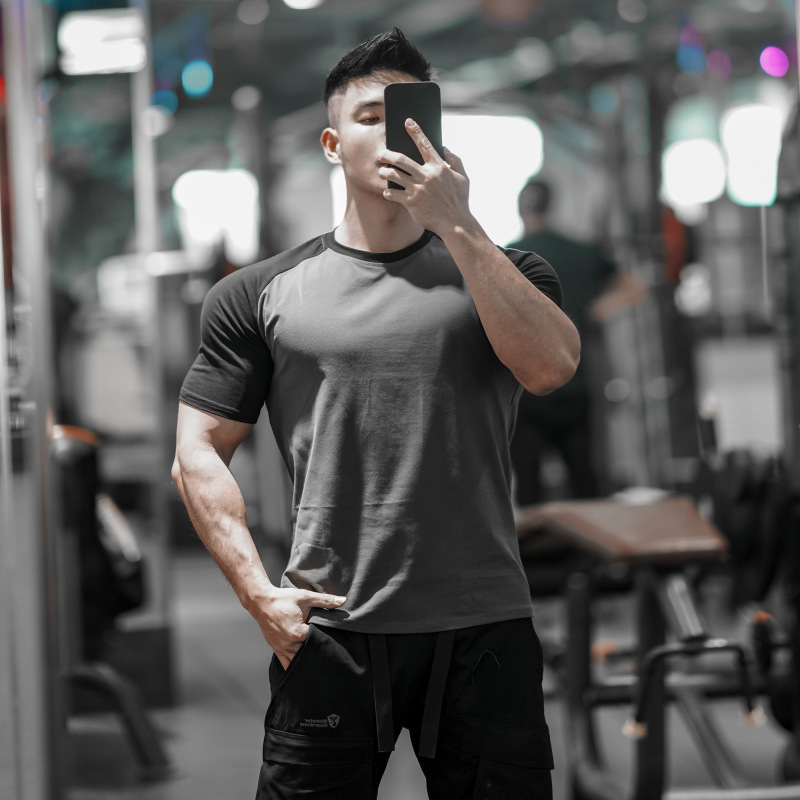 Men's sports T-shirt short sleeve quick-drying fitness clothes tight drop shoulder stitching cotton T-shirt summer training muscle