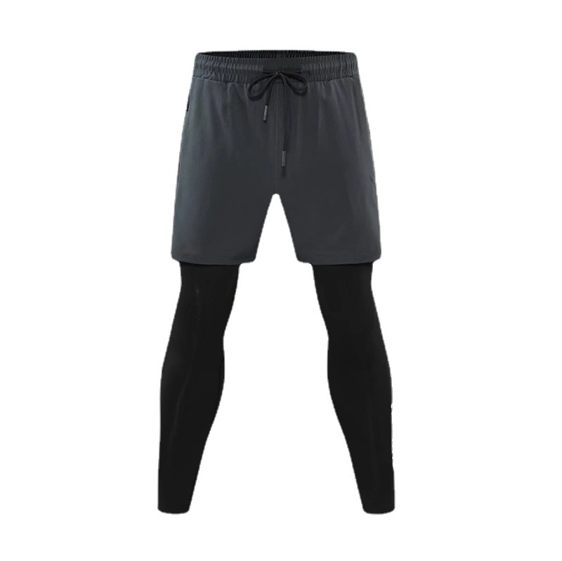 2024春季假两件套健身裤男士紧身打底裤双层跑步运动训练长裤