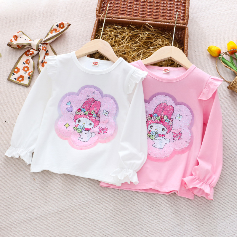2024 children's clothing spring new girls' T-shirt long-sleeved bottoming shirt puff sleeve color-changing sequined top one-piece delivery