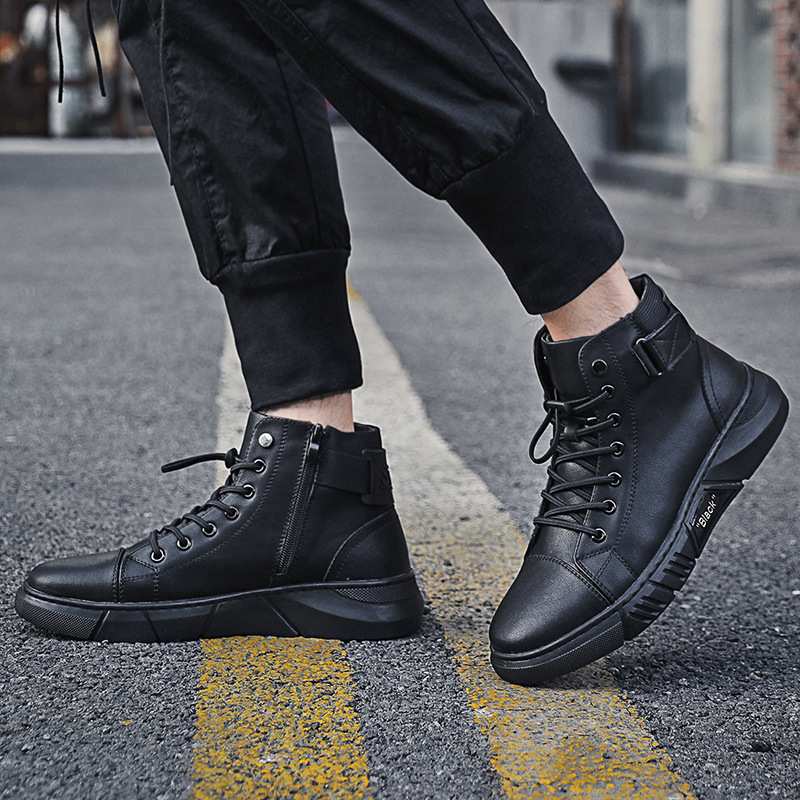 Genuine leather black men's boots 2022 Spring New High men's shoes Martins men's plus velvet boots tide a generation of hair