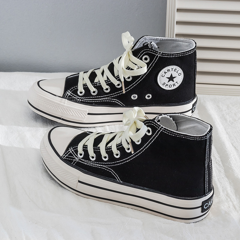 Inner Height-increasing Shoes 6cm White Shoes Women's Korean Style New Student's High Platform Trendy Shoes Wedge Heel High-top Canvas Shoes for Women