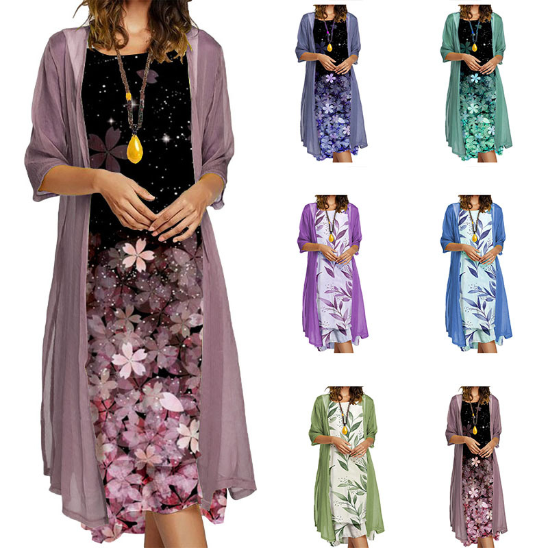 2024 European and American Amazon Autumn New Women's Long Dress Two-Piece Floral Print Crewneck Dress Coat Women