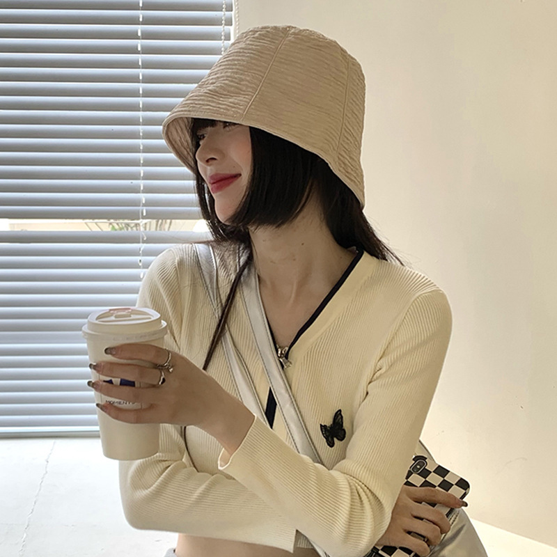 漁師帽ins女性韓国版百合潮顕顔小日系純色盆帽夏日焼け止め日よけバケツ帽子|undefined