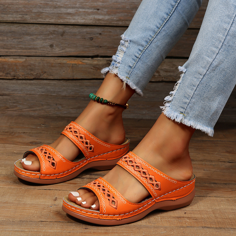 Outfit Cross-border Foreign Trade New plus size Slippers Retro Women's Non-slip Round-toe Wedge Comfortable Sandals