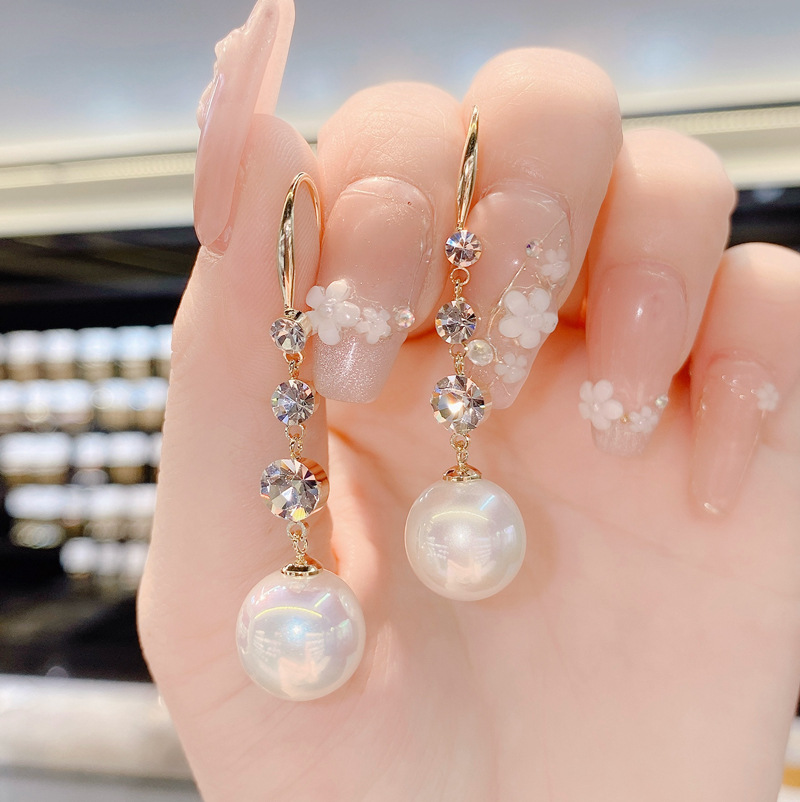 2021 New Trendy Pearl Earrings Fashion Light Luxury High-end Earrings Elegant Versatile Water Diamond Ear Hook Large Earring 
