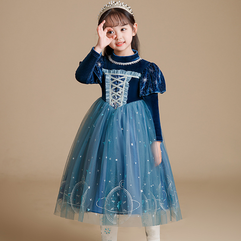 New Winter Frozen Elsa Princess Dress with Fleece and Thick Velvet Children's Dress for Girls