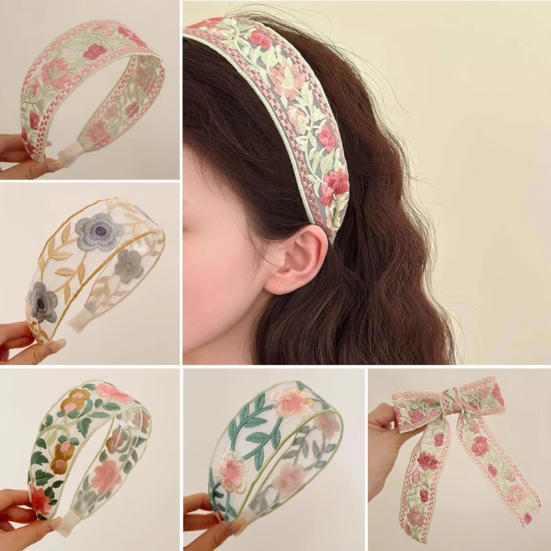 New Chinese Embroidered Flower Headband Women's High-end Ethnic Style Floral Cotton Linen Fabric Wide-brimmed High Cranial Top Head Hoop