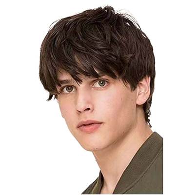 Men's wig short straight hair brown short hair fluffy black short curly hair oblique bangs neat bangs one piece hair