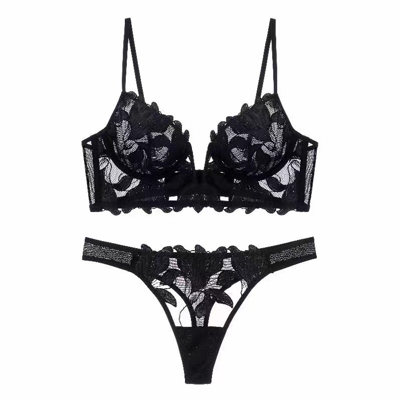 European and American New Sexy Deep V Embroidered Lace Underwear Women's Ultra-thin Big Chest Shown Small Push-up Bra Set Bra