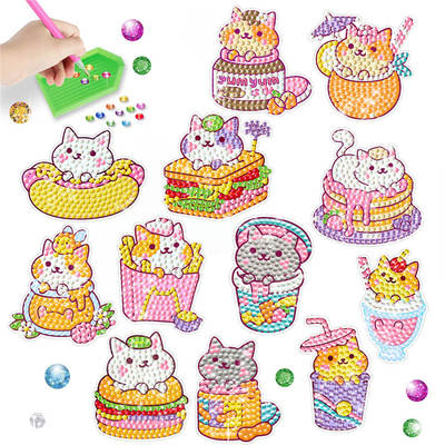 Children's DIY Handmade Diamond Stickers Cartoon Cat Hamburg Diamond Painting Random Stickers Full Diamond Handmade Stickers Wholesale