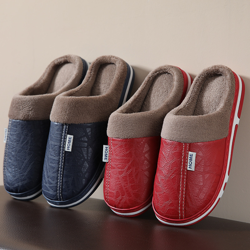 Cotton slippers Women's Home flat heel couple's men's and women's slippers cotton shoes indoor plus size PU warm thick bottom plush autumn and winter