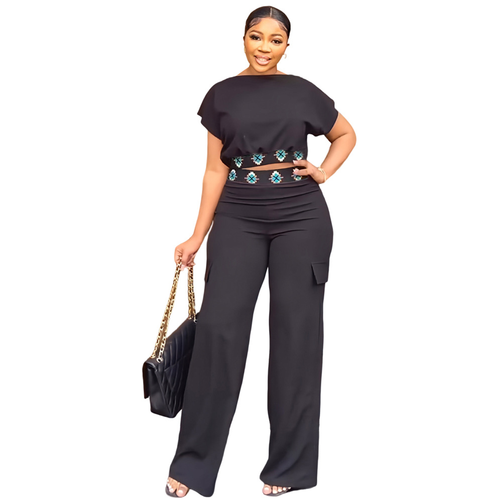 10014 Cross-border Casual European and American Women's Short-sleeved Top Summer Solid Color All-match Loose Straight Pants Two-piece Set