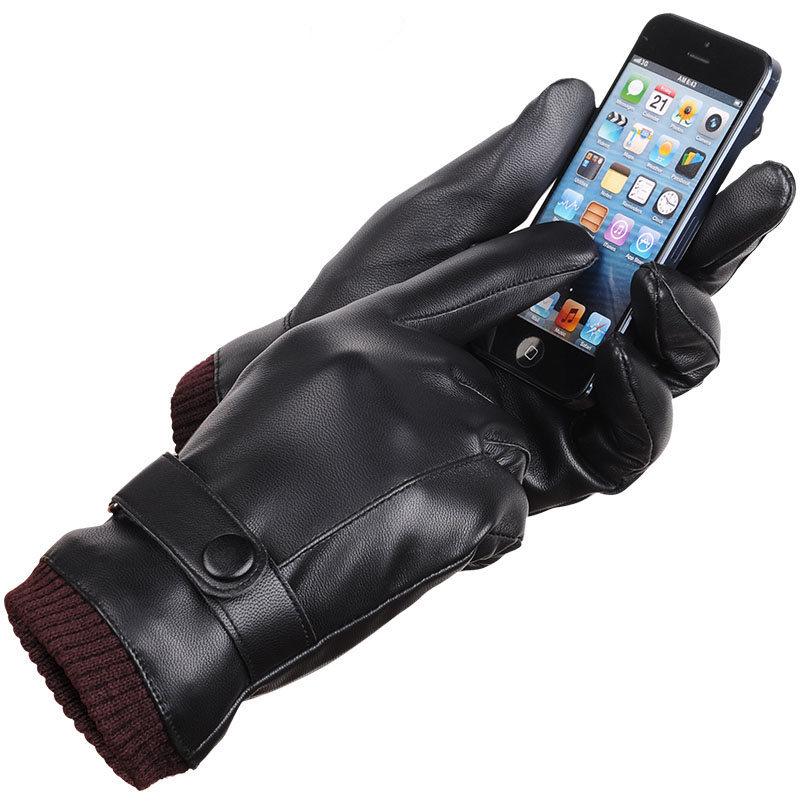 New autumn and winter PU touch screen gloves men's warm cycling outdoor sports Korean casual thickened cotton gloves