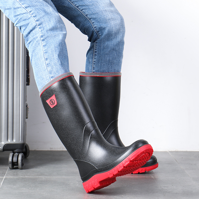 Adult fashion high-top rain boots Men's Outdoor non-slip waterproof shoes wear-resistant construction men's rain boots black sole rubber shoes