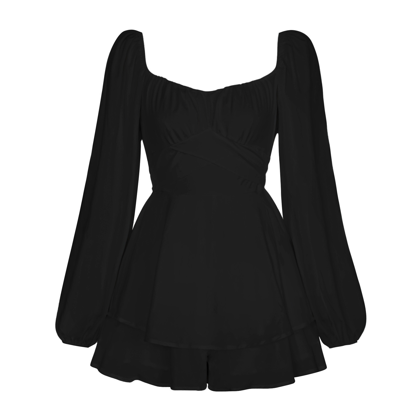 New style jumpsuit solid color women's fashion autumn clothing square collar lantern long sleeve ruffled shorts casual culottes