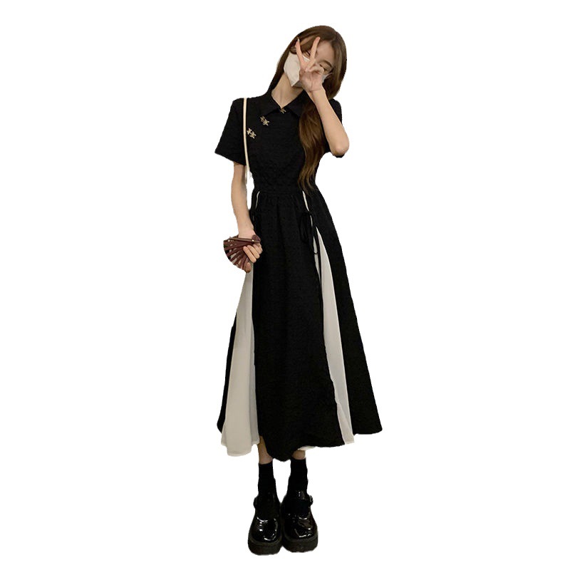 Improved Cheongsam Tea Break French Elegant Black Dress Short Long Dress 2024 New Women's Clothing