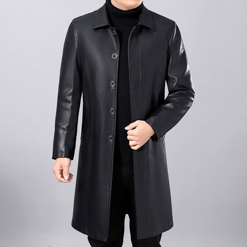 Thickened Long Leather Coat Men's Lapel Fur Integrated Leather Coat Thickened Over-the-knee Leather Coat Men's Coat