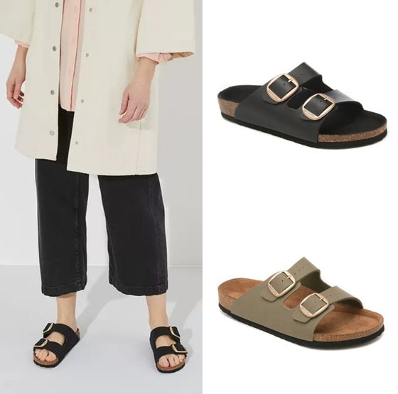 Black Double-ring Buckle Strap Sandals Fashionable ARIZO Buckle Couples Cork Slippers Fashion Bus Buckle Sandals
