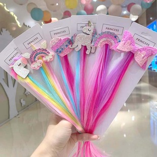 Candy Multicolor Woven Wig Extender Colorful Straight Wig Girl Bow Unicorn Hairpin Woven Wig