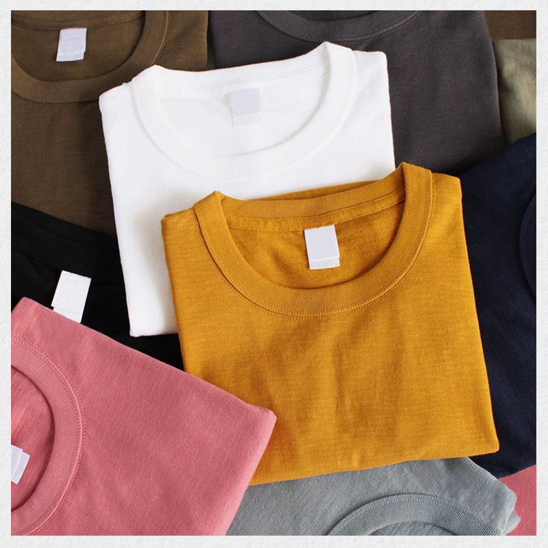 215g retro old loom Japanese slub cotton three needle rolling collar seamless tube weaving dark needle bottoming short sleeve T-shirt