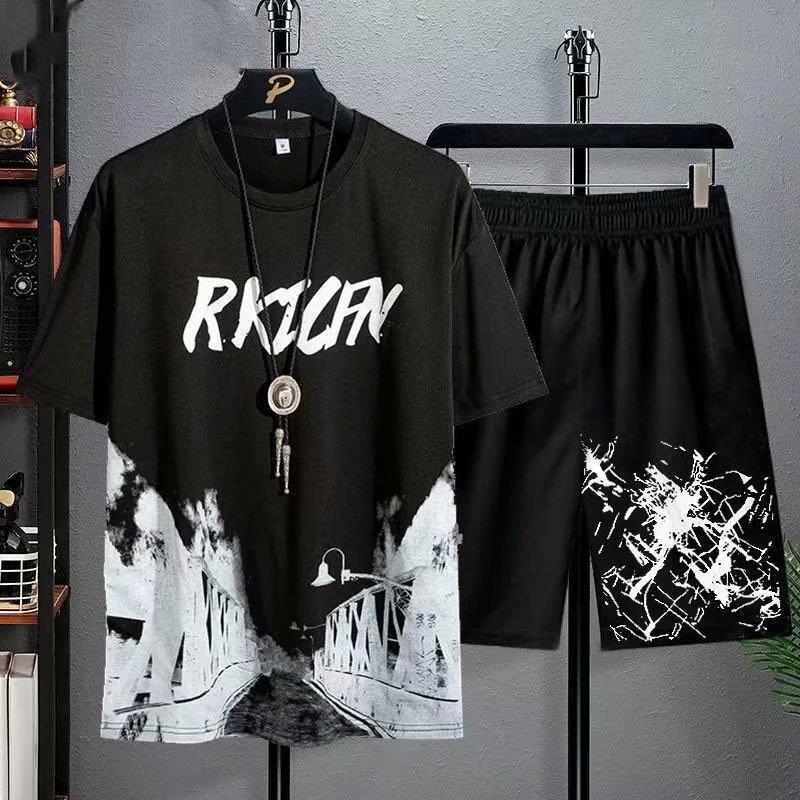 Summer New Ice Silk Short-sleeved T-shirt Men's Sports Suit Young Students Loose Large Size Half-length Pants Top Clothes