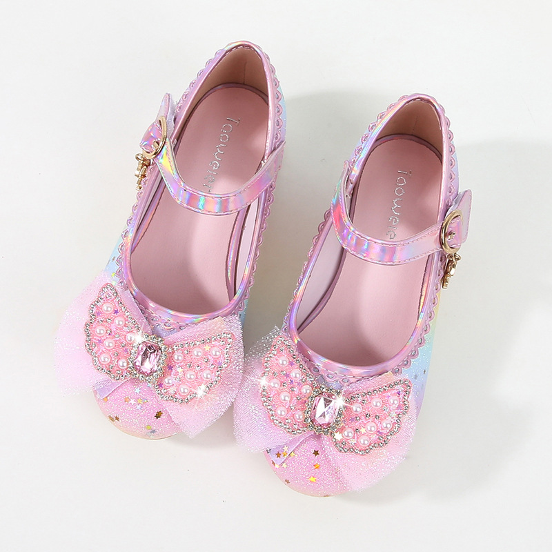 Girls' high heels children's rainbow princess shoes Spring and Autumn new little girl single shoes medium and big children's crystal shoes leather shoes