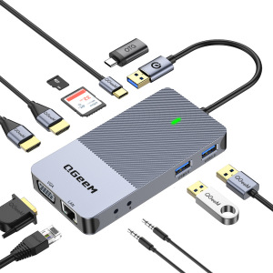 Concentrador USB DL3900 de pantalla triple DisplayLink QGeeM 11-en-1 Tipo-C estación de acoplamiento