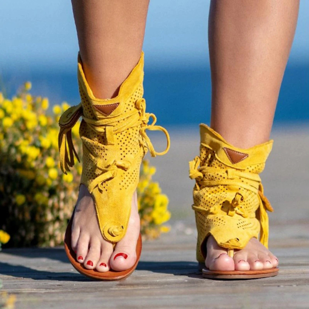 Large Size Sandals Women's 2023 Foreign Trade Spring and Summer New European and American Flat Bottom Clip Toe Mid-top Retro Tassel Women's Sandals 43