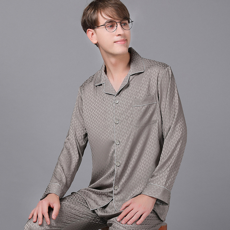 2024 long-sleeved men's spring and autumn pajamas silk thin men's ice silk home wear suit artificial silk wholesale