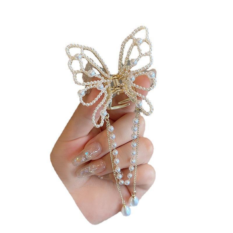 Korean style new Pearl butterfly tassel clip female light luxury back Head Small size hairpin elegant temperament shark clip net_voghion.com