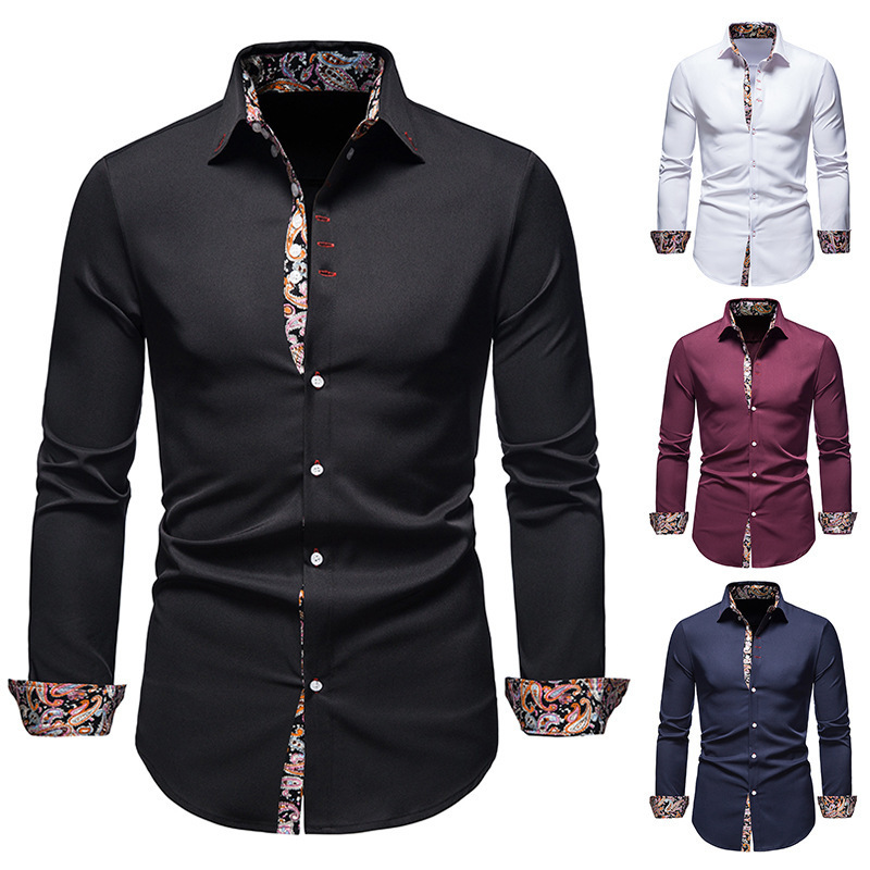 Cross-border 2022 new men's long-sleeved shirt European and American style youth casual lapel slim color matching shirt men's wholesale