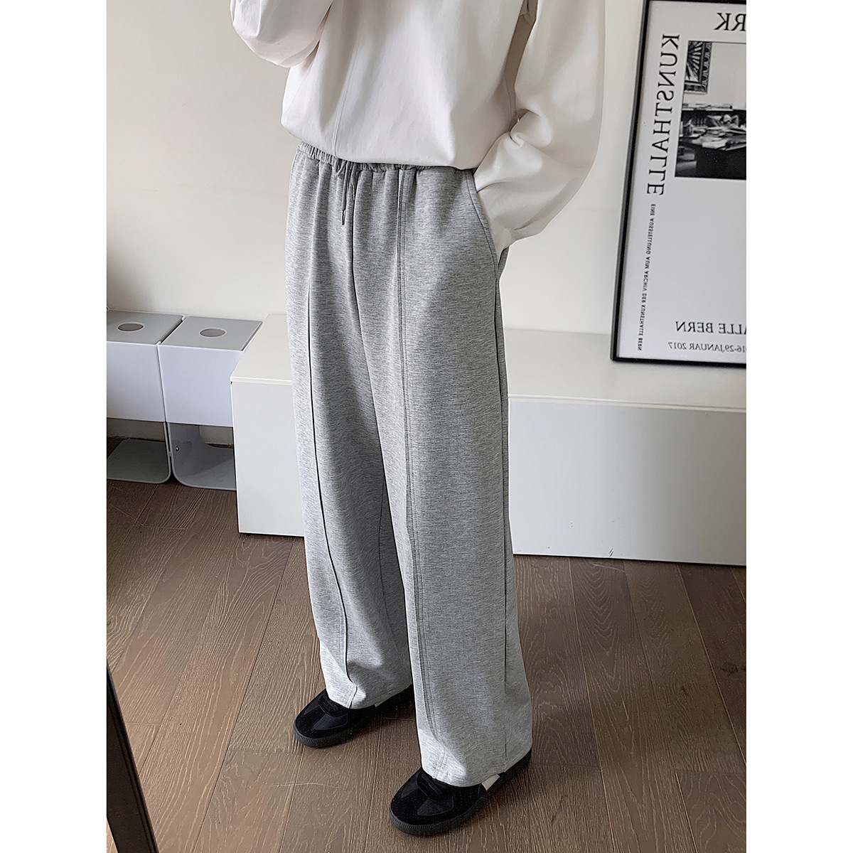 INTFEDAY Korean style simple stand cut stitching sports pants men's and women's loose space cotton knitted sweatpants