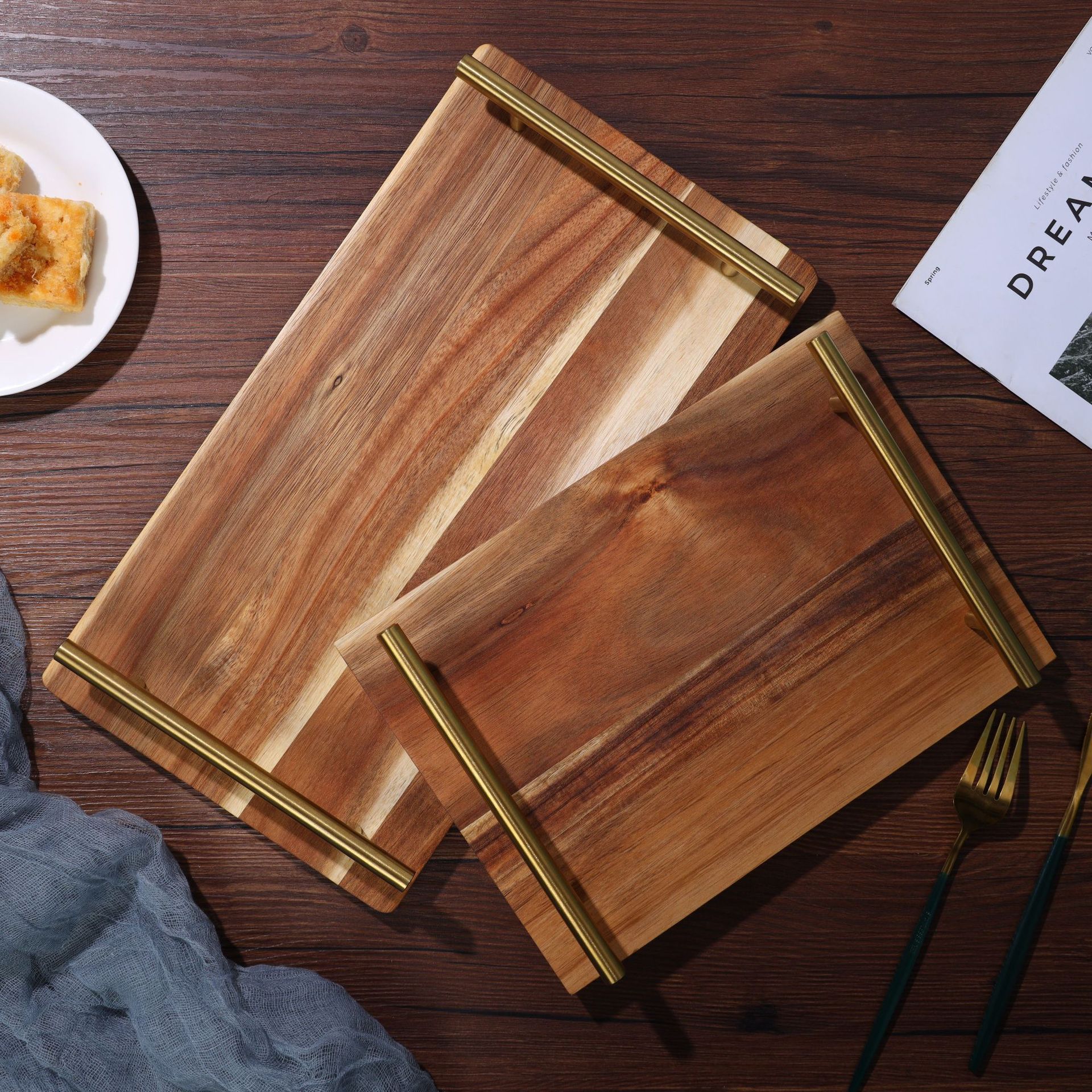 Acacia Wooden Tray with Metal Handle Restaurant Hotel Sushi Plate Household Dinner Plate Cake Dessert Afternoon Tea Tray