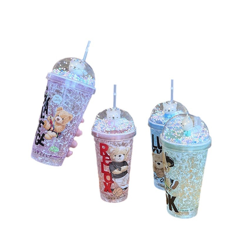 Cross-border new high-looking teddy bear cartoon plastic water cup straw Cup double-layer Cup sequins ice Cup