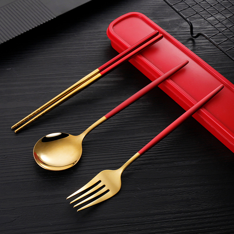 Stainless Steel Tableware Set Set Portuguese Fork Spoon Chopsticks Set Three-piece Set Student Portable Tableware Set